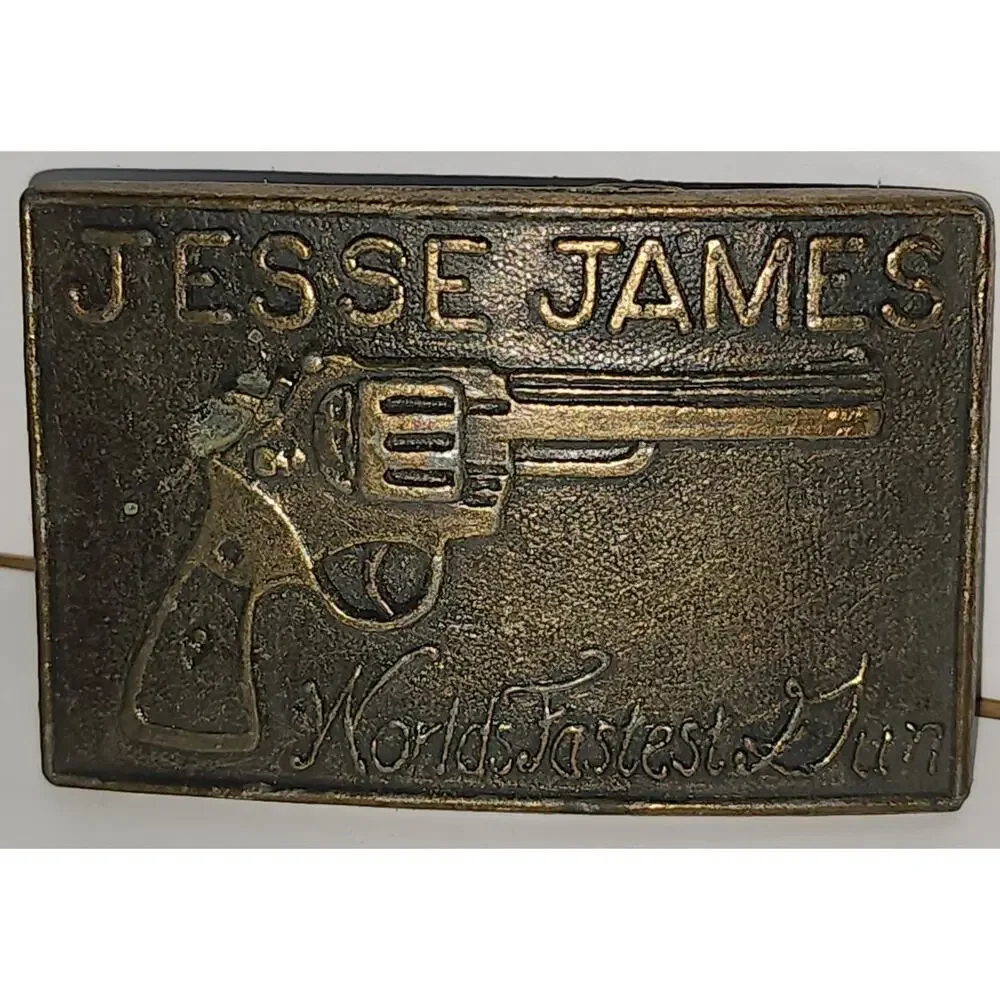 SEE DESC. JESSE JAMES Western Revolver Gun Outlaw Brass Tone Metal Belt Buckle